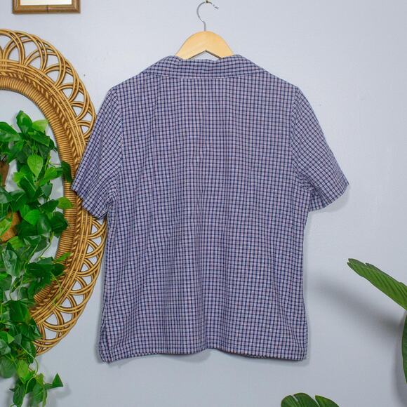 Vtg Red Blue Check Button Blouse Collared Short Sleeve Top L | True Summer - Picture 2 of 7